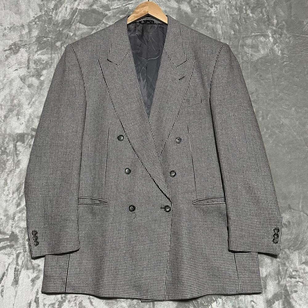 Vintage Vito Rufolo Houndstooth Blazer Mens 46L Grey Lanificio Di Pray Wool Silk